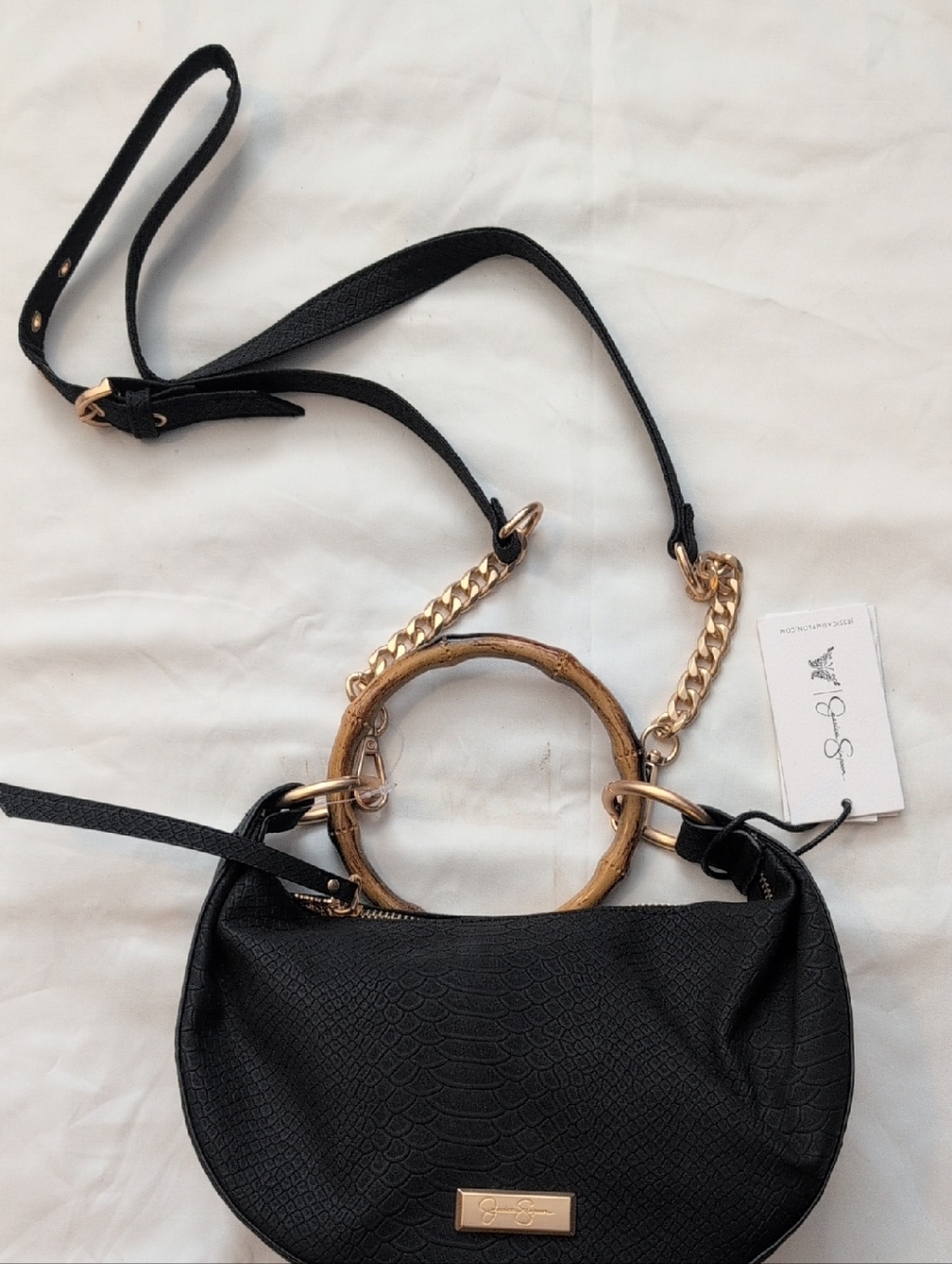 Jessica Simpson Black Faux Croc Shoulder Bag Gold Ring Handle Crossbody Purse